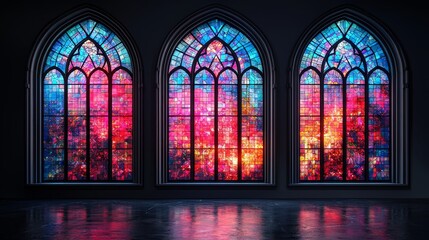 Poster - Cathedral Church Windows Neon Plexus Wallpaper 4k Nodes Lines Shiny Glow