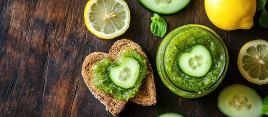 Poster - Homemade cucumber jam with lemon and heart shaped toast on a dark brown wooden surface Copyspace Top view flat lay