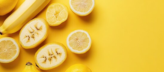 Poster - Top view of halved bananas and lemons isolated on yellow. with copy space image. Place for adding text or design