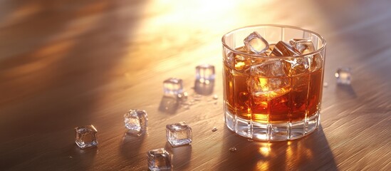 Aufkleber - Glass of whiskey with ice cubes on a wooden surface. with copy space image. Place for adding text or design