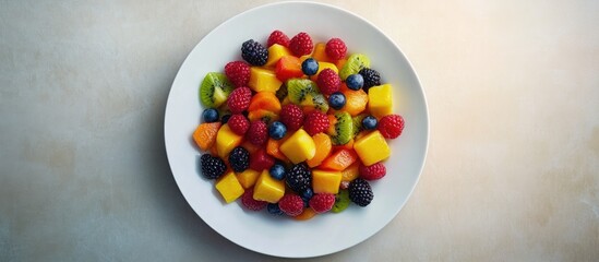 Aufkleber - From above a vibrant dish featuring a tasty mix of fresh tropical fruits and berries on a white round plate on the table. with copy space image. Place for adding text or design