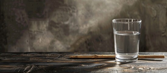 Poster - A basic glass of water alongside a wooden stick and copy space