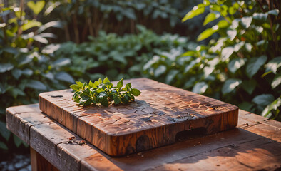 Aufkleber - Wooden cutting board with a bunch of green leaves on top of it. The leaves are on the cutting board and not on the table