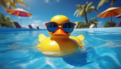 a quacking rubber ducky with sunglasses in a very blue and beautiful pool, summer vibes wallpaper, cute