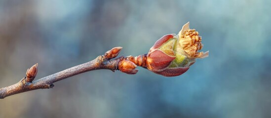 Poster - Winter bud of horse chestnut Aesculus on a branch Macro selective focus copyspace