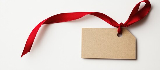 Aufkleber - A blank gift or price tag attached with a red ribbon set against a white background. with copy space image. Place for adding text or design