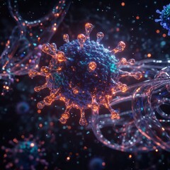 Fototapete - Detailed 3D visualization of a virus structure highlighting capsid, spikes, and RNA strands with glowing molecular details. Generative AI