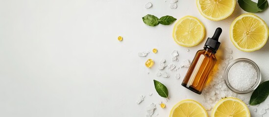 Aufkleber - Natural organic cosmetics featuring lemon Lemon oil or lotion spa salt in small bottles against a white background top view copy space