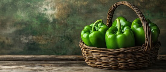 Fototapete - Green peppers in a wicker basket on a wooden surface vintage style. with copy space image. Place for adding text or design
