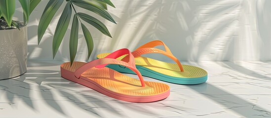 Poster - Colored beach flip flops on a white surface. with copy space image. Place for adding text or design