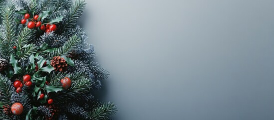 Fototapete - A section of a decorated Christmas tree is on the left side of the frame against a gray background with a space for copy