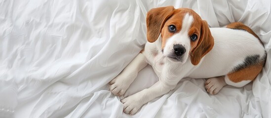 Poster - Adorable Beagle puppy resting in bed top view Cute pet. with copy space image. Place for adding text or design