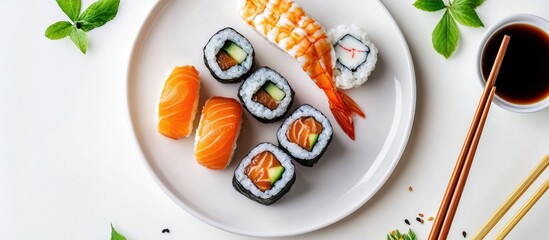 Fototapete - Sushi and maki arranged on a plate with soy sauce and chopsticks on a white background Top view with copy space