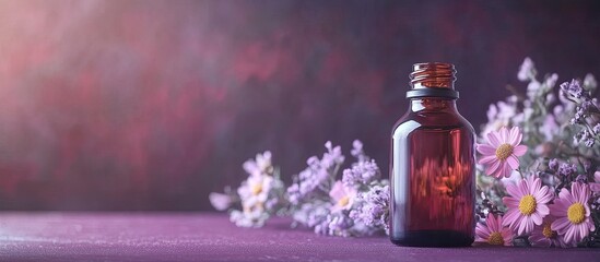 Poster - Small retro bottle containing essential oil on a desk with flowers and a purple backdrop Beauty and spa theme. with copy space image. Place for adding text or design