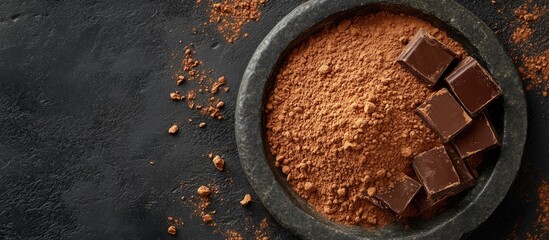 Poster - Cocoa powder truffle chocolate and cinnamon arranged on a stone plate Top view. with copy space image. Place for adding text or design