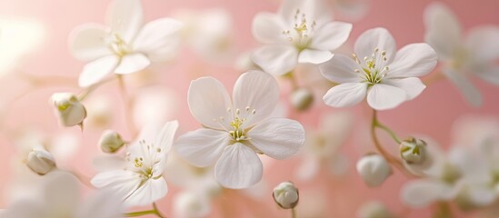 Leinwandbilder - Macro world featuring white forest flowers against a pink background in nature Blooming natural forest flowers captured through macro photography for cards with a stunning array of macro flowers as