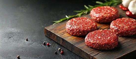 Fototapete - The butcher prepared raw minced duck meat hamburger patties on a wooden board ready for cooking. with copy space image. Place for adding text or design