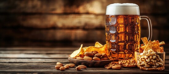 Aufkleber - Lager beer and snacks placed on a wooden table Nuts chips and pretzels. with copy space image. Place for adding text or design