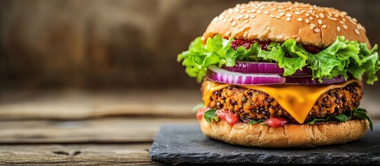 Poster - A fresh tasty homemade veggie burger rests on natural slate against a rustic wooden background This delicious burger features lettuce cheese onion and tomato along with a buckwheat and lentil patty