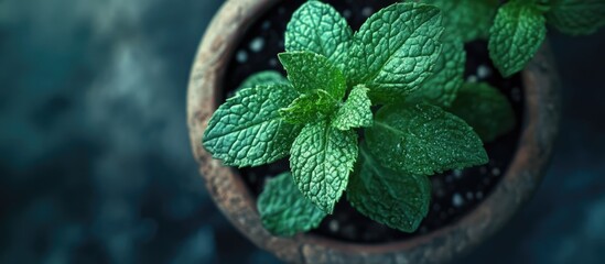 Aufkleber - Close up photo of a lovely green mint plant leaf in a pot. with copy space image. Place for adding text or design