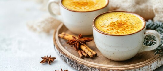 Aufkleber - Golden milk with turmeric in two cups on a wooden serving tray Close up on a white table. with copy space image. Place for adding text or design