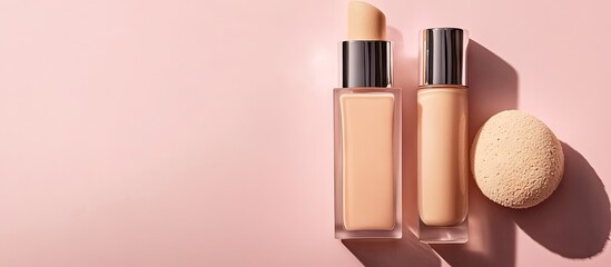 Aufkleber - Sponges an elegant tool for applying foundation or powder along with a bottle of foundation Arranged in a flat lay on a pink background with copy space
