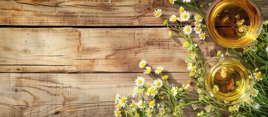 Fototapete - Herbal tea featuring pharmaceutical chamomile dry chrysanthemum and hunters on a wooden table Top view Copy space