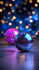 Wall Mural - A photostock of bright neon pink and blue glowing orbs floating dynamically, isolated on a dark background, futuristic and magical, High Quality