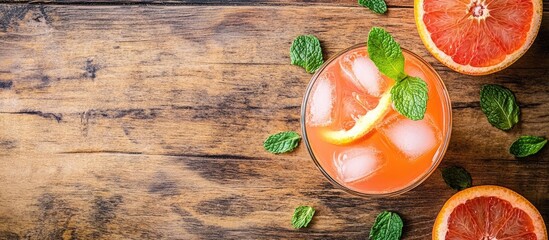 Poster - Glass of a refreshing drink featuring grapefruit and mint on a wooden table top view Copyspace available