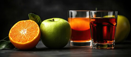 Aufkleber - ripe apple tangerine and glasses containing alcohol. with copy space image. Place for adding text or design