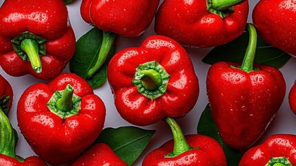 A photostock of bright red chili peppers with glossy surfaces and green stems, arranged symmetrically on a clean white background, bold and spicy, High Quality