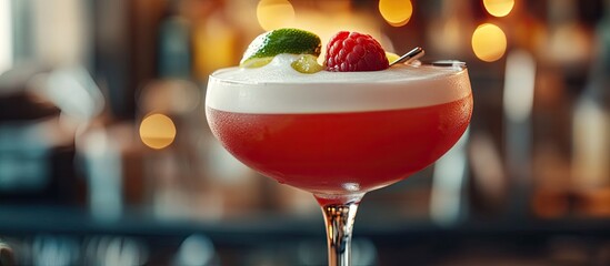 Fototapete - Detail of a red cocktail topped with white foam featuring rum raspberry and lime in a martini glass in a restaurant awaiting to be served by the waiter. with copy space image