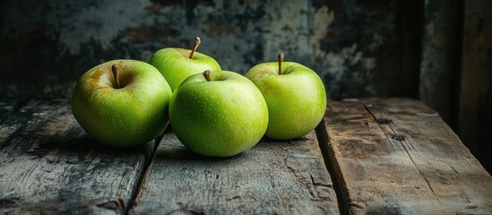 Wall Mural - green apples on a weathered wooden surface. with copy space image. Place for adding text or design