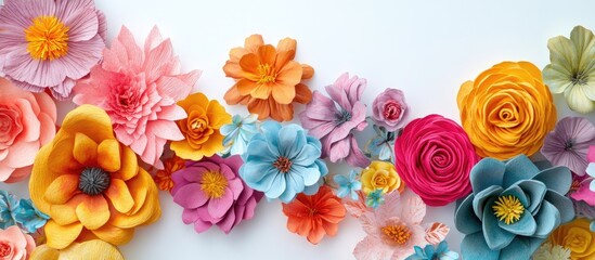 Leinwandbilder - Colorful decorative handmade flowers set against a white background. with copy space image. Place for adding text or design