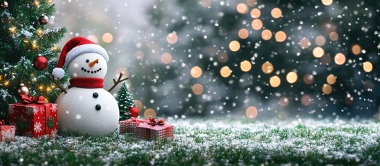 Poster - Snowman on green lawn with a Christmas tree Santa Claus and the snowman set against a Christmas tree background. with copy space image. Place for adding text or design