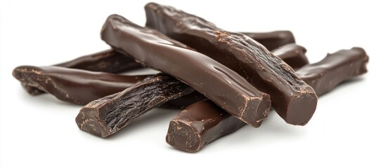 Fototapete - Chocolate covered dried mango pieces Dried mango fruit sticks are coated in milk chocolate against a white background. with copy space image. Place for adding text or design