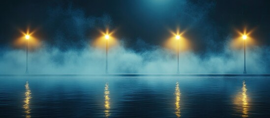 Aufkleber - Empty street scene background featuring abstract spotlights Night view of streetlights reflected on water Rays penetrate the fog Smoke and fog create a wet asphalt surface with light reflections