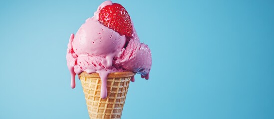 Aufkleber - Strawberry ice cream dripping and overflowing from the waffle cone against a blue background Minimalist summer food theme Empty copyspace