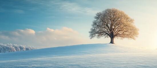 Poster - Lonely grand oak tree on a snow covered hill at sunset Bright blue sky Winter paradise Seasons nature environment ecology climate change Copy space graphic resources