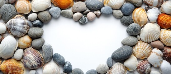 Poster - Heart shaped frame made of stones and seashells isolated on white. with copy space image. Place for adding text or design