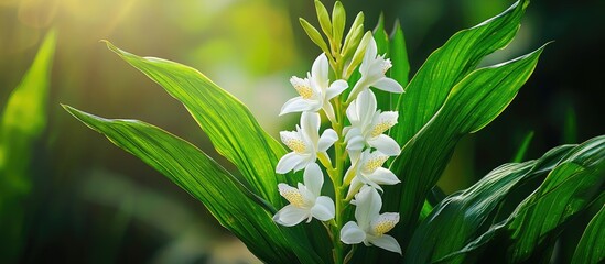 Poster - Coronarious Gingerlily Hedychium coronarium is recognized for its white petals and butterfly like shape flowering amid lush green leaves with a powerful scent It flourishes in humid settings and