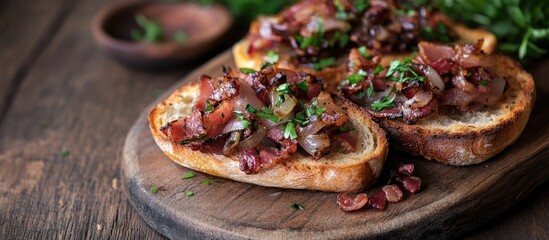 Poster - Liver bacon and onions on bread dish served on a board over a wooden background with copyspace