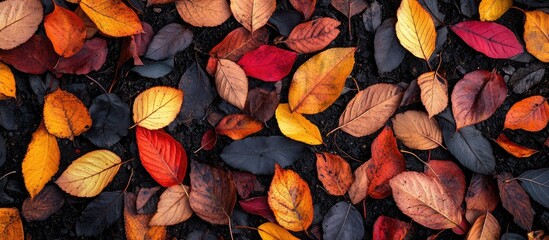 Wall Mural - Colorful assorted autumn leaves scattered on the ground Dried leaves blanket the surface of the earth Close up top view from above vibrant multicolor seasonal background concepts