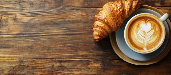Aufkleber - Cappuccino and a fresh croissant on a wooden table Top view with copyspace