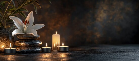 Poster - A beautiful arrangement featuring a white lily lit candles and a stack of stones in gold and black hues. with copy space image. Place for adding text or design