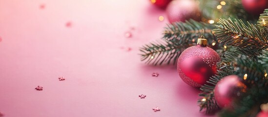 Wall Mural - Christmas tree ornaments on a pink backdrop with space for your text. with copy space image. Place for adding text or design