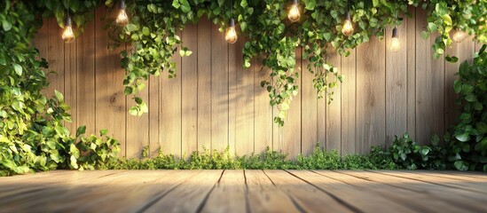 Poster - Summer backdrop with a wooden terrace featuring climbing plants and solar powered light bulbs. with copy space image. Place for adding text or design