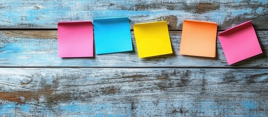 Poster - Vibrant sticky notes on a wooden board. with copy space image. Place for adding text or design