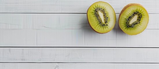 Leinwandbilder - Two halves of kiwifruit on a white wooden surface. with copy space image. Place for adding text or design