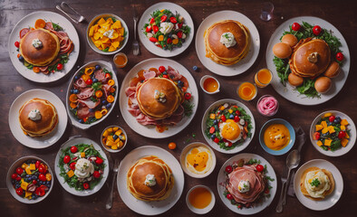 Poster - Table with many plates of food, including pancakes, eggs, and fruit. There are also several bowls and spoons on the table